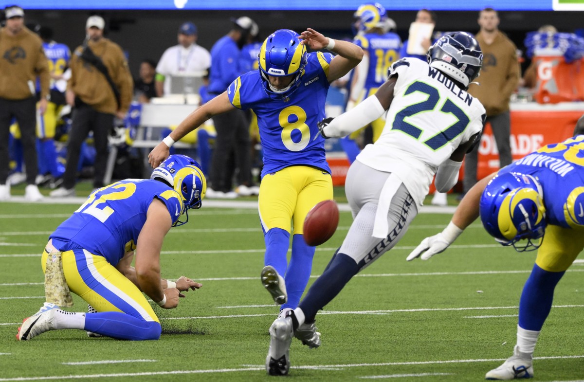 Los Angeles Rams kicker Lucas Havrisik attempts a field goal against the Seattle Seahawks.